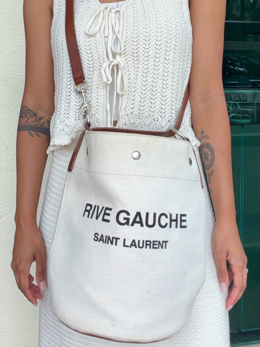 Saint Laurent Rive Gauche Canvas Bucket Bag – White & Brown